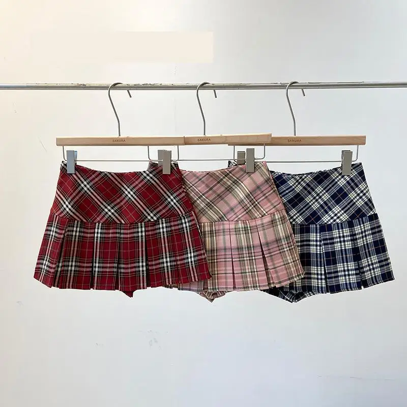 Frauen Schule Stil Hohe Taille EINE Linie Plissee Mini Rock Dame Sommer Streetwear Jk Plaid Kurzen Rock Image
