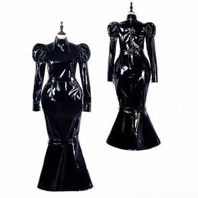 Sexy Sissy-Baby-Mädchen kann in schwarzem PVC-Robe, Kleid, Dienstmädchen, Cosplay, Halloween-Party Image