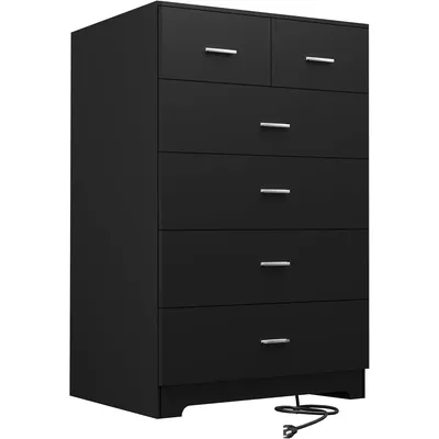 Dresser with Power Outlets Wooden 6 Drawer Dresser with Large Organizer Black Tall Storage Organizer