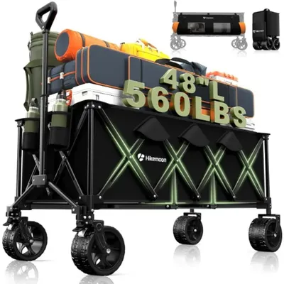 48"L Collapsible Wagon Cart Foldable,560LB Weight Capacity 300L Heavy Duty Folding Beach Wagon with
