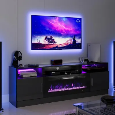 70" Fireplace TV Stand for TVs Up to 80", Electric Fireplace Entertainment Center with LED Lights &