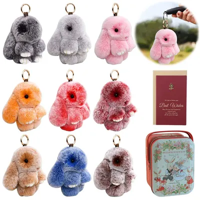 Kawaii Stuffed Animal Keychain with Tin Car Key Chain Lovely Keyring Pendant for Women Teen Girls