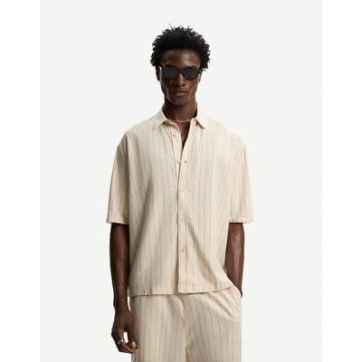Bershka Short Sleeve Linen Blend Shirt Men M Beige