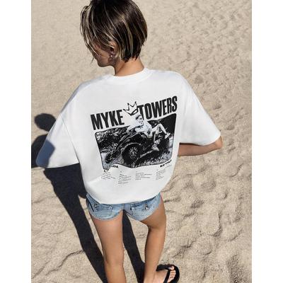 Bershka Myke Towers Print Short Sleeve T-Shirt Women Xl Off White