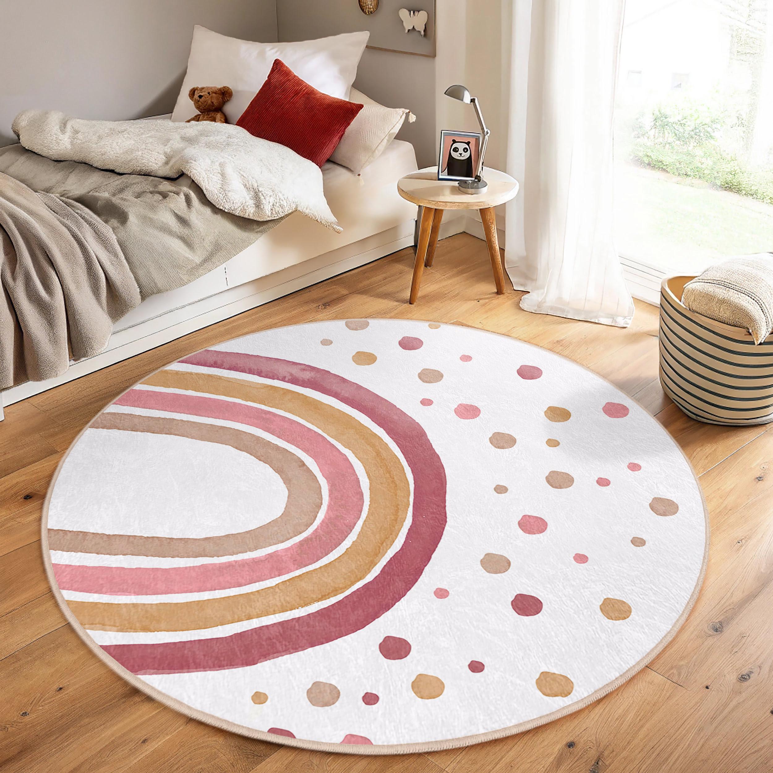 Rosa Regenbogen Spielzimmer Teppich für Kinderzimmer - Spiral Punkte Weißer Kreis Teppich-Boho Chic Kinderzimmer Dekor-Waschbarer Runder Teppich-Anti-