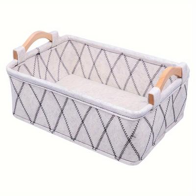 TEMU 1pc Modern Felt Storage Basket With Wooden Handle, Geometric Pattern Cosmetic Organizer, Clothes And Sundries Basket For Home, Toy, Desk Organization - Polyester, , Stackable, Shelf Baskets Image