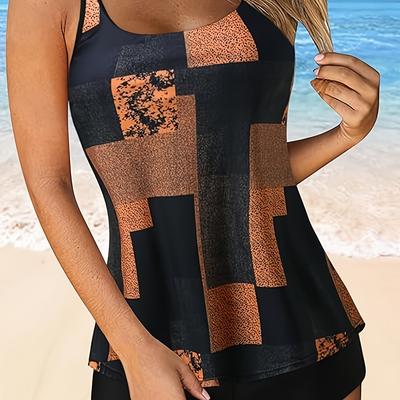 TEMU Women' And Orange Geometric Print Tankini Set - Stretchy Polyester, Knit Fabric, Shorts And Tank Top For Beach And Pool, Beach Attire|geometric Print|stretchy Material Image