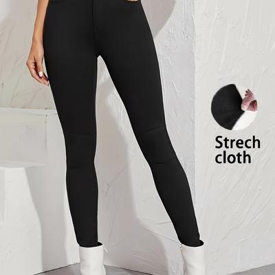 TEMU Women's High-waisted Skinny Jeans - Viscose Blend, Stretch, Solid Color, Button Detail, Elegant Woven Pants For Fall/winter Image