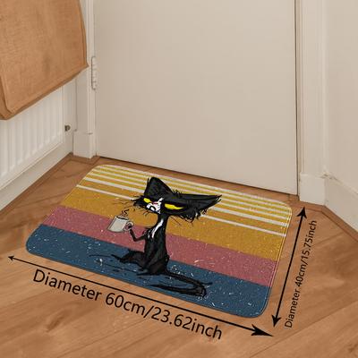 "TEMU Non-slip Cartoon Black Cat & Stripes Door Mat - Quick-dry, Machine Washable, Polyester Rug For Home Decor, 23.62"x15.75" & 31.49"x19.69" Image