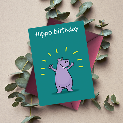 TEMU Festive Hippos Birthday Card: A Purple Cartoon Hippopotamus With Open Arms, Perfect For Family And - Suitable For Any Occasion Image