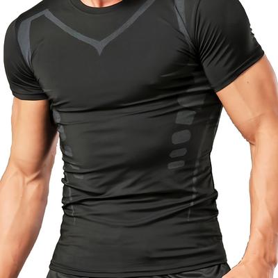TEMU High Stretch And Skinny Fit Geometric Pattern Crew Neck And Short Sleeve T-shirt, Men's Summer Fashion Tee, Quick Dry Tops For Fitness Running And Training Wear Image