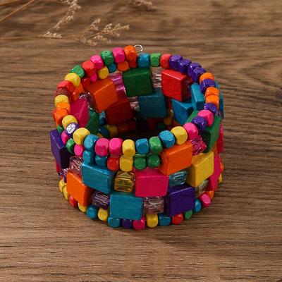TEMU Bohemian Vintage Handcrafted Multicolor Wooden Bead Stackable Stretch Bracelets, Retro Style Women's Jewelry For Daily Wear, Travel & Parties - Set Of 1 Image