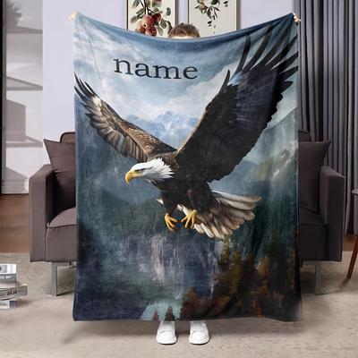 TEMU Customizable Name Eagle Print Throw Blanket Hd Digital, Comfortable, Lightweight, Machine Washable, For Sofa, Bed, Office Nap - Polyester Knit Fabric, Ideal Gift For Image