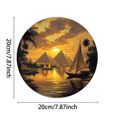 TEMU 1pc Egyptian Pyramids Sunset Scene Round Metal Sign, 2d Aluminum Wall Art, Wall Hanging Decor For Home, Office, Cafe, Garden, Garage - Ideal Harvest Gift Image