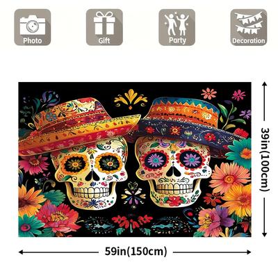 TEMU Sugar Polyester Backdrop Banner, Dia De Los Muertos Celebration Wall Decor, , No Electricity Needed, With Sizes For Use Image
