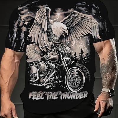 "TEMU Men's " The " Eagle & Motorcycle Graphic Tee - Casual Hip-hop Streetwear, Breathable Polyester , Short Sleeve Crew Neck, Ideal For Summer, Sizes M-xxl, Streetwear Fashion| Tee| Print" Image