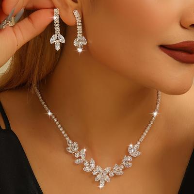 TEMU 3pcs Elegant Cubic Zirconia Dangle Earrings & Necklace Set - Plated, Stainless Steel Hooks, Weddings & Parties, Wedding Jewelry| Motif|dangle Earrings Image
