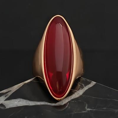 TEMU Elegant 18k Gold-plated Stainless Steel Ring With Black Gemstone - Perfect Gift For Her, Wear Image