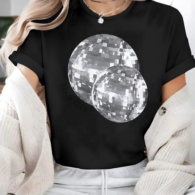 TEMU Silvery Disco Ball Graphic Print T-shirt Short Sleeve Crew Neck Casual Top For Summer & Spring Women's Clothing Image