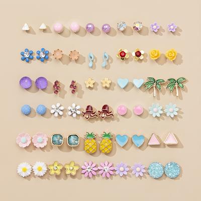 TEMU 1 Set Of 30 Pairs Flowers, Daisies, Pineapples, Musical Notes, 's Breath, Pearls, Fashionable And Simple Women's Earrings Set, Holiday Gifts, Jewelry, Image