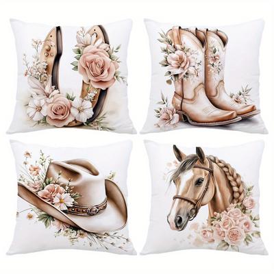 TEMU 4-pack Western Cowboy & Horse Pillow Covers, Spring Rose , Soft Velvet, 17.7x17.7 Inch, Machine Washable, Zippered Polyester Cushion Cases For Home Decor - Fits Room Types Image