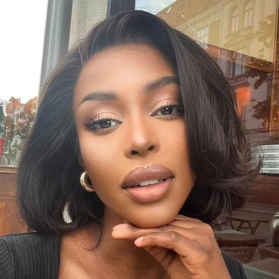 TEMU Elegant Short Bob Body Wave Human Hair Wig For Women - 13x4 Hd Lace Front, 150% Density, Pre-plucked Natural Black, & Parties Image