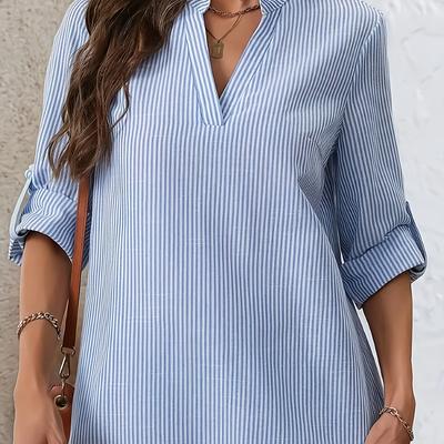 TEMU Ladies' Striped Casual V-neck Polyester Blouse, With Lapel Collar And Button Details, Stretch Fabric, For Image