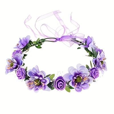 TEMU 1pc Valentine's Day Adjustable Floral Headband - Elegant Minimalist Synthetic Resin Hair Accessory With Red Roses & Multicolor Flowers, Ribbon Accents For Parties, Weddings, Easter, Prom Image