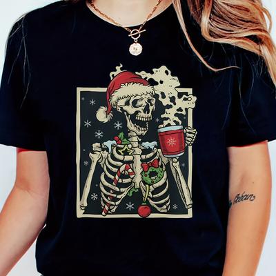 TEMU Christmas Skeleton With Graphic T-shirt - 100% Polyester Casual Crew Neck Tee With Medium Stretch - Summer Knit Fabric Top For Adults Image