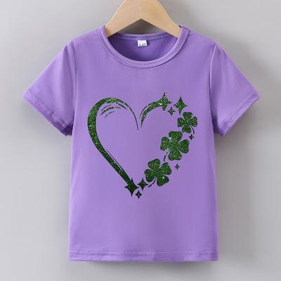 TEMU Girls' Summer Clover Heart Print T-shirt - Casual Short Sleeve, Soft Polyester , Round Neck, Girls Tshirts Image