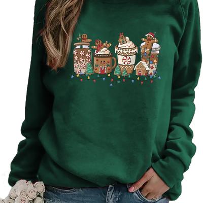 TEMU Christmas Gingerbread Man Coffee Cup Printed Sweatshirt - Women's Casual Long Sleeve Round Neck Autumn And Winter Sweatshirt - Machine Washable Polyester - Casual Women's Clothing Image
