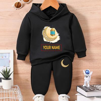"TEMU Baby's Customized 2pcs Set, Ramadan Pattern +"" Print Sweatshirt & Sweatpants Set For Spring/autumn, Suitable For Outdoor Sport, Outdoor, Gift For Eld, Gift For Ramadan" Image