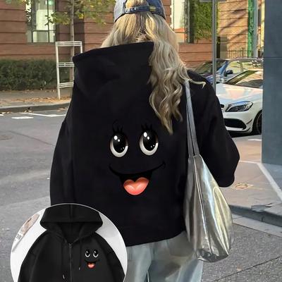 TEMU Women's Cartoon Smile Print, Long Sleeve Pocket Hoodie Zip Jacket, Suitable For Autumn And Winter Sportswear. Image