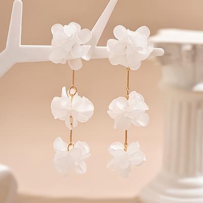 TEMU Elegant Long Drop Flower Earrings For Women - White Resin 3d With Golden-tone Metal, Casual Attire Or Parties, Novelty Earrings Image