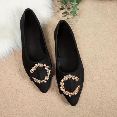 TEMU Women's Elegant Slip-on Flats With Metallic & Tassel Detail - Lightweight Pointed Toe Shoes, Black Fabric Upper & Rubber Sole, Casual Or Dressy Occasions, Ladies Shoes Image