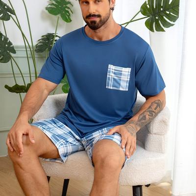 TEMU Men's Casual Pajama Set - Short Sleeve Crew Neck T-shirt & Shorts, Lightweight Stretch Fabric, Summer Sleepwear, Relaxed Fit Clothing|| Textur Image
