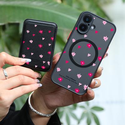 TEMU 2pcs 1 Set&fashionable Luxury All Inclusive Shockproof Pink-purple Flower & Heart Pattern For Iphone 16 15 14 11 Pro 8 Pus Magnetic Phone Case&high Quality Leather Magnetic Kj1 Image