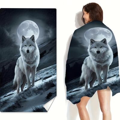 TEMU 1pc Wolf Print Beach Towel - Ultra-absorbent Microfiber, Vintage Style, Black & White Wolf At Moon Design, Beach, Pool, Bath, Camping, Yoga, And Travel Image