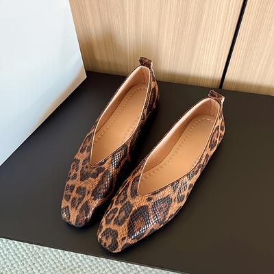 TEMU Women's Casual Leopard Print Slip-on Loafers - Low Heel, Square Toe, Shoes For Work And , Casual Footwear | Leopard Print Shoes | Rubber Sole Image