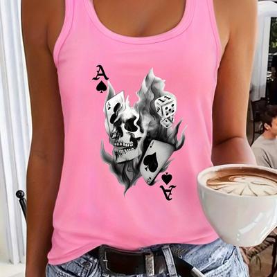 TEMU Women's Cartoon Skull & Dice Print Sleeveless Racer Vest - Vibrant Summer Top, Lightweight Stretchy Round Neck Machine-washable Spring/fall Fashion, Versatile Layering Piece, Graphic Vest, Image