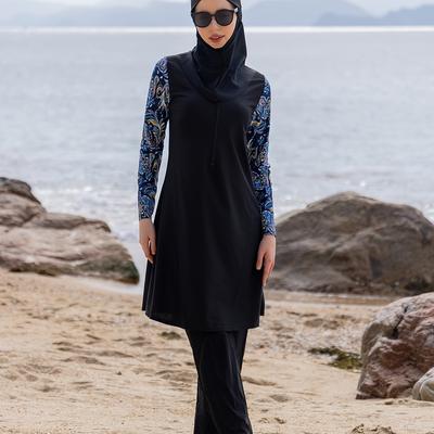 TEMU Middle Eastern Ramadan Long Sleeve Trousers Three-piece Set With Hat For Women Floral Pattern Conservative Bikini 1 Piece Swimsuit Beachwear Image