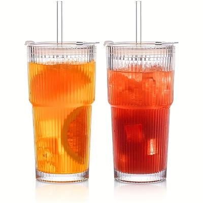 TEMU 2pcs, 20oz/600ml, With Lid And Straw, Retro Striped Glassware, Thick Reusable Glass Cup For Juice, Ice Tea, Water, Mason Glass Drinking Cup, Mug, Iced Coffee Cup Image