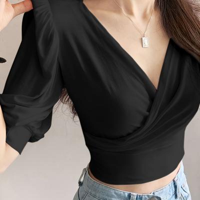 TEMU Elegant Light Purple Neckline Short Sleeve Crop Top - Non-stretch, Solid Color, Half Sleeve, Spring/summer/fall Fashion For Women, Ladies Blouse Image