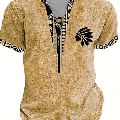 TEMU Men's Tribal Leaf V-neck Henley Shirt - Short Sleeve Casual Summer Top With Button Detail And Leaf Design, Lightweight Polyester For Vacation Or Casual Attire Image