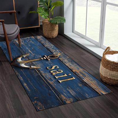 TEMU 1pc Nautical Sail & Anchor Print Long Runner Mat – Rustic Blue With Golden Accents, , , And High-traffic Areas, Hand Wash Only, Durable Polyester Material, Nautical Decor Image