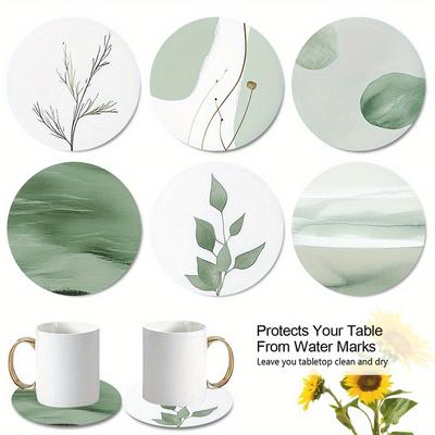 TEMU 6pcs Wooden Coasters With Minimalist Green And White Plant Art Design - Drinks, Coffee, And Tea - Ideal For Home, Bar, And Restaurant Decor, For Festive Occasions Image