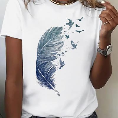TEMU Women's Casual Sporty T-shirt With Blue & Print, Round Neck, Medium Stretch Fabric, Fashion Top, Ladies T Shirts Image