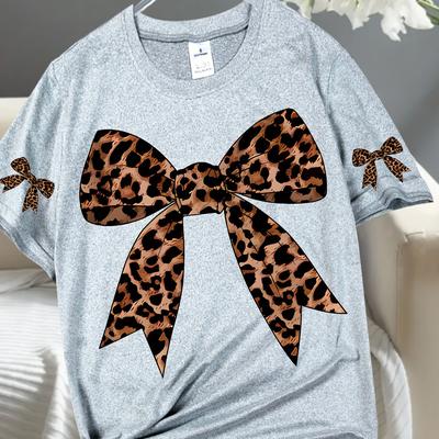 TEMU Women's Leopard Print Short Sleeve Crew Neck T-shirt - Black Casual Top With Chest & Sleeve Accents, Machine Washable Fit, Durable Fabric Shirt Image