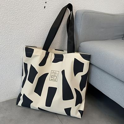 TEMU 1pc Geometric Pattern Canvas Bag, Large Capacity Tote Canvas Bag, Commuter Day Single Shoulder Bag - Suitable For Campus, Students, Travel Image