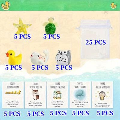 TEMU 25pcs Assorted Resin Figurines - Inspirational Animal Themed Appreciation Gifts With Note Cards, Pocket-sized Favors For Coworkers, Birthday, Get Well, Good Luck - Ducks, Stars, Turtles, Image